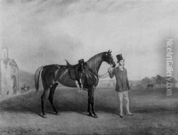 Colonel Swinfen Of The Leicestershire Yeomanry With His Charger, Standing Before Barracks Oil Painting - Claude Lorraine Ferneley