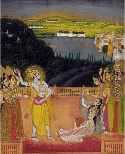 Krishna Celebrates Holi With Radha And The Gopis Oil Painting - Nihal Chand