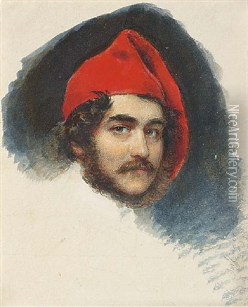 A Self-portrait Of The Artist, Red Cap In His Curling Brown Hair, Beard And Moustache Oil Painting - Moritz Michael Daffinger