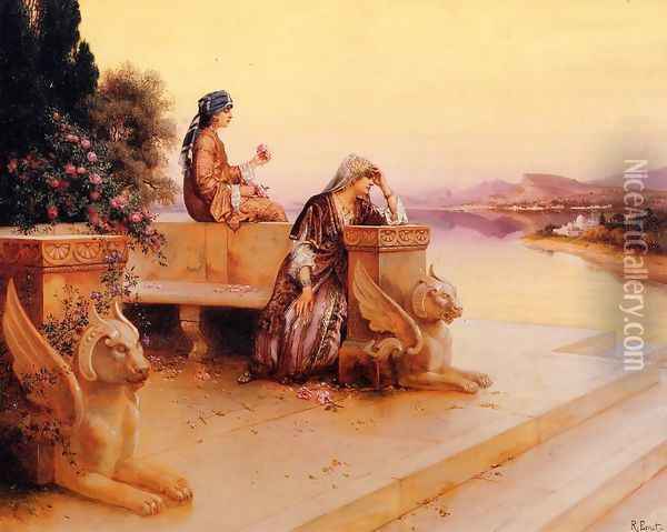Elegant Arab Ladies On A Terrace At Sunset Oil Painting - Rudolph Ernst