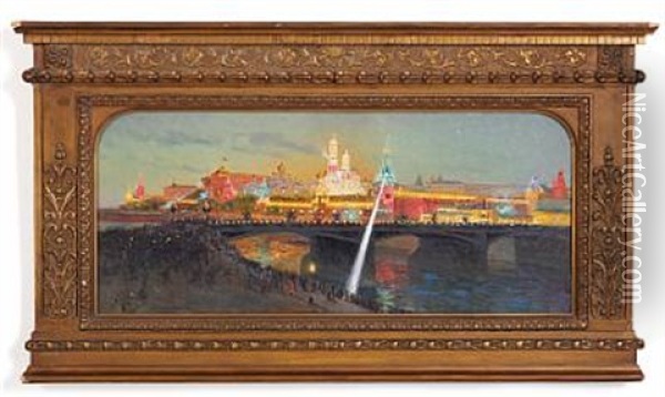 The Illuminated Kremlin In Honour Of The Coronation Of Tsar Nicholas Ii Of Russia In 1896 Oil Painting - Michail Stiepanovitch Tkatchenko