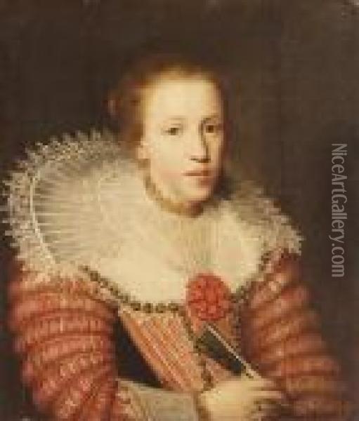 Portrait Of A Lady, Half Length, Wearing A Red Dress, A Lace Ruffand Holding A Fan Oil Painting - Paulus Moreelse
