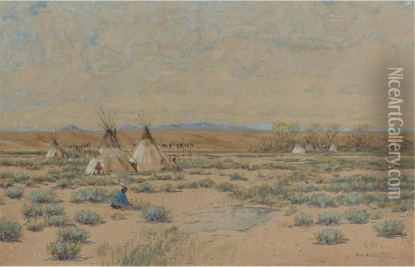 Sioux Indian Encampment Oil Painting - Dwight W. Huntington