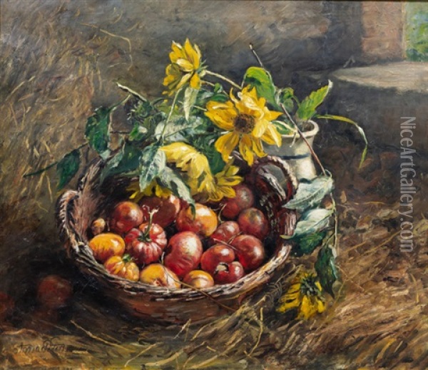 Erntestilleben Mit Tomaten Und Zwiebeln In Einem Korb, Dahinter Ein Tonkrug Mit Sonnenblumen Oil Painting - Anna Peters