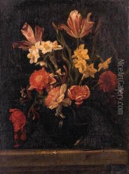Tulips, Carnations And Narcisi In A Glass Vase On A Ledge Oil Painting - Nicolas Van Veerendael