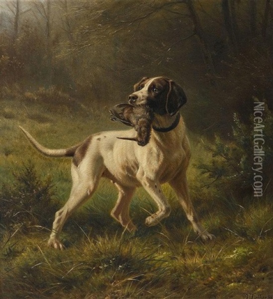 Jagdhund Apportiert Kiebitz Oil Painting - Johannes Christian Deiker