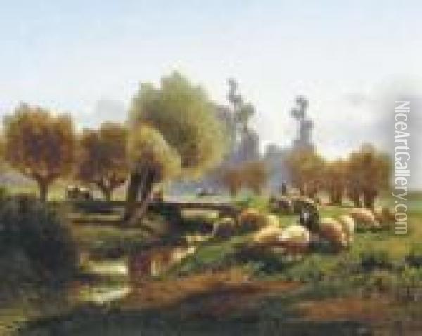 Sheep In A Meadow By A Stream Oil Painting - Louis Marie Dominique Romain Robbe