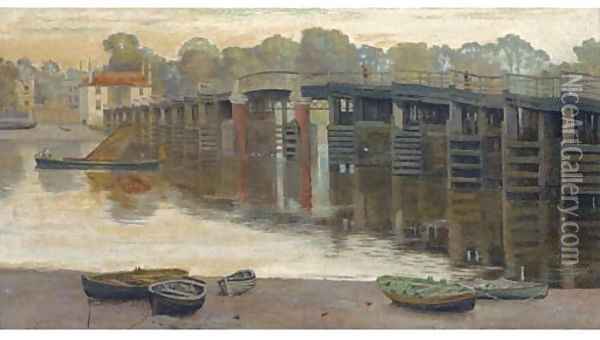 The old toll bridge, Putney Oil Painting - Edwin J. Lambert