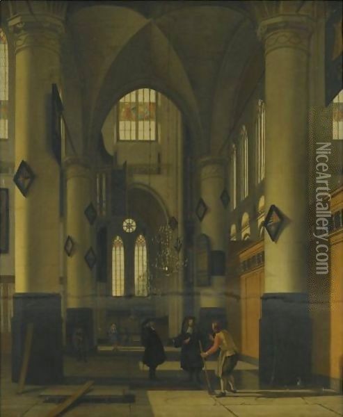 The Interior Of A Protestant Gothic Church, With Elements Of Both The Oude Kerk And Nieuwe Kerk, Amsterdam Oil Painting - Hendrick Van Vliet