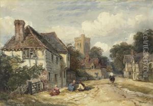 A Village Street With Figures And A Horseman, A Church Beyond Oil Painting - David I Cox