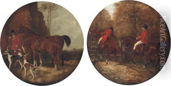 A Huntsman With Two Saddled Hunters And A Pack Of Hounds; Andhuntsmen Opening A Gate Oil Painting - John Frederick Herring Snr