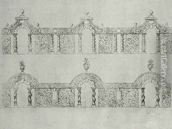 Topiary arcaded walkway designs from 'The Gardens of Wilton' c.1645 Oil Painting - Isaac de Caus