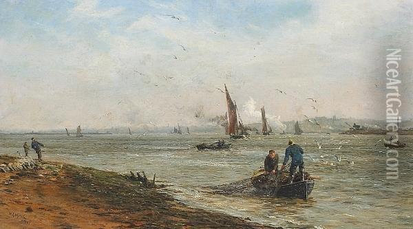 A View Of The Thames Estuary With Fishermen And Their Nets In A Dinghy In The Foreground Oil Painting - William Lionel Wyllie