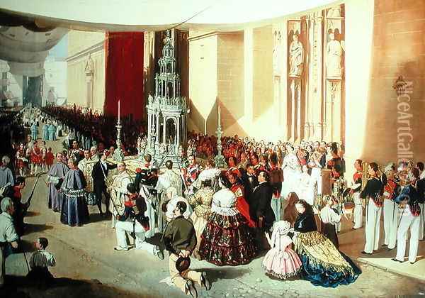 Procession of Corpus Christi in Seville Oil Painting - Manuel Cabral Cabral y Aguado Bejarano