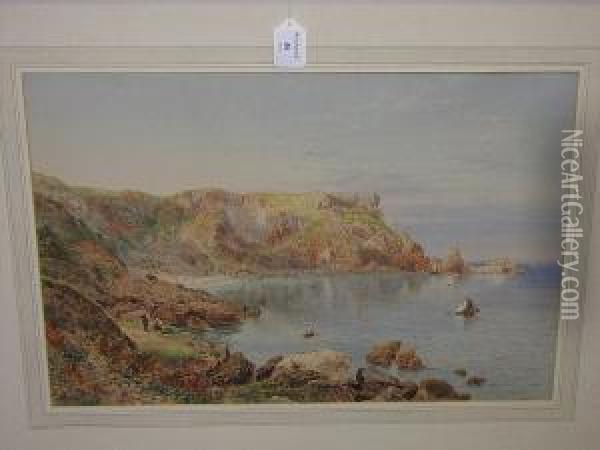 A View Near Torbay, Signed And Dated 1877, Watercolour Oil Painting - John William Salter