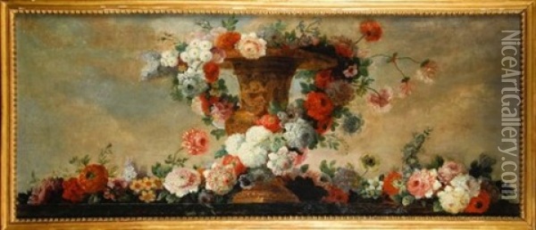 Bouquets De Fleurs Sur Un Entablement (2 Works) Oil Painting - Jean-Jacques Bachelier