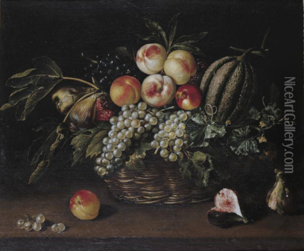 Still Life Of A Melon, Peaches, Grapes And Figs In Basket Resting On Ledge Oil Painting - Jacques Linard