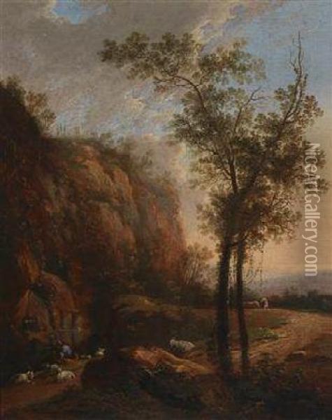 A Rocky Landscape With Resting Goats Andherders Oil Painting - Philipp Hieronymus Brinckmann