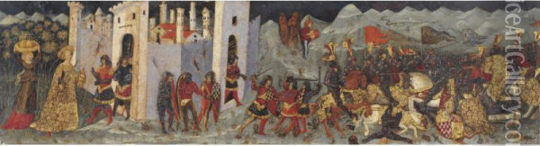 The Return Of Judith To Bethulia, And The Route Of The Jews Defeating The Assyrians: A Cassone Panel Oil Painting - Paolo di Stefano Badaloni Schiavo