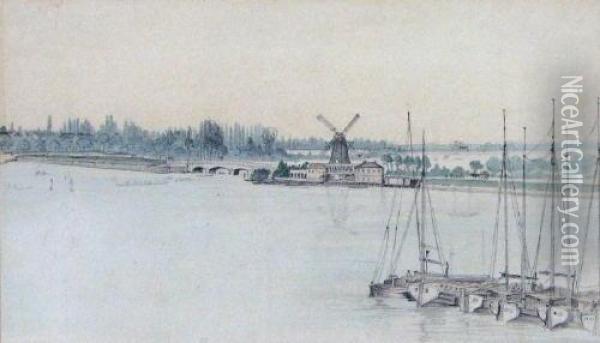 Scheldeufer Mit Segelbooten Und Windmuhle, Im Hintergrund Ansicht Von Antwerpen Oil Painting - Richard Henri Fehdmer