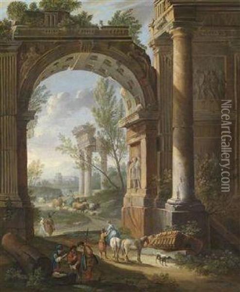 Shepherds And Resting Soldiers Before An Ancient City Gate Oil Painting - Giacomo Van Lint