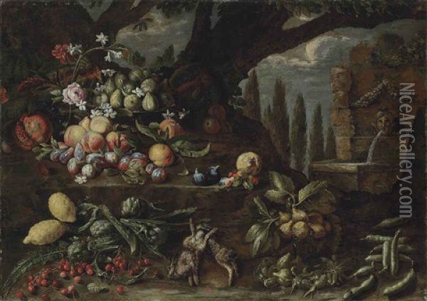 Roses, Carnations, Lilies, Figs, Peaches, Plums, Lemons, Artichokes, Cherries, Other Fruits And Two Dead Hares In A Wooded Clearing, By A Fountain Oil Painting - Michelangelo di Campidoglio