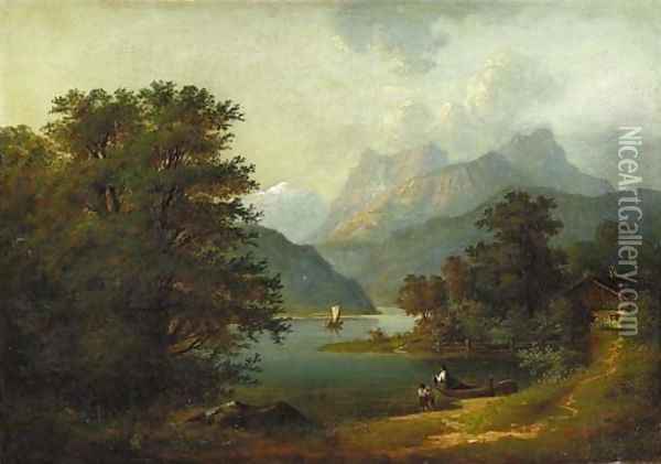 Figures by a Cabin in a Mountainous River Landscape Oil Painting - Benjamin Champney