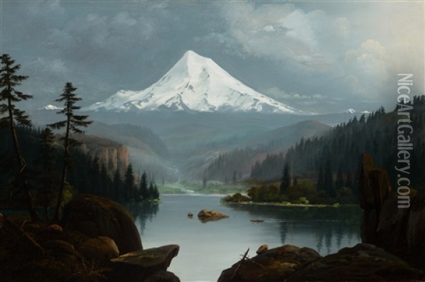 Indians In A Canoe, Mt. Hood Oil Painting - William Samuel Parrott