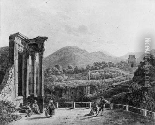 The Temple Of The Sybills At 
Tivoli With Figures Overlooking Theruins Of The Villa Gregoriana Oil Painting - Johann Nepomuk Schodlberger
