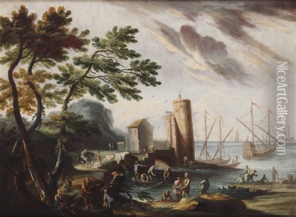 Paesaggio Con Porto E Imbarcazioni Oil Painting - Pedon Bartolomeo