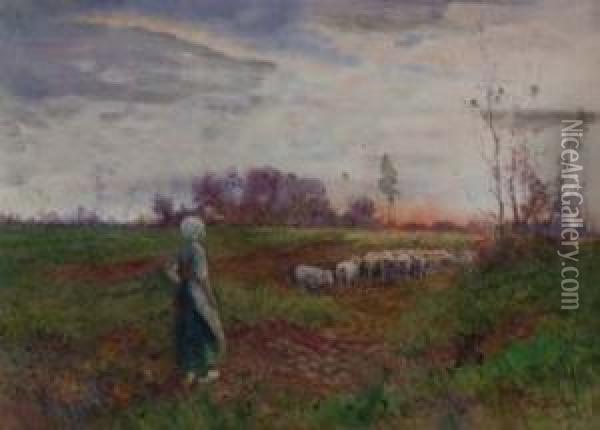 Shepherdess At Dusk Oil Painting - Hutton Mitchell