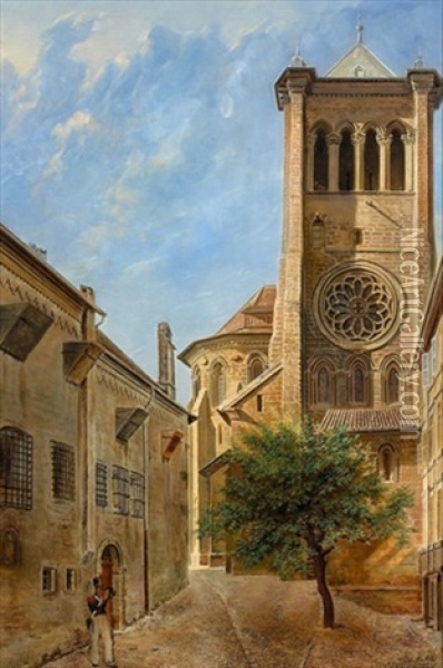 La Cathedrale De Geneve Avec L'ancienne Prison St-antoine Oil Painting - Alexandre-Louis d' Albert-Durade