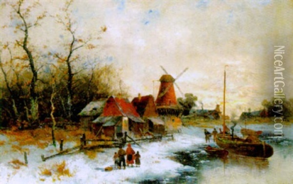 Winterstimmung Am Hollandischen Kanla Oil Painting - Georg Fischhof
