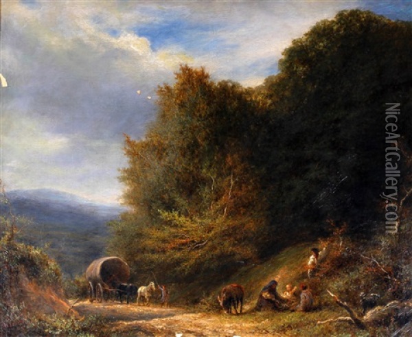 A Travelling Family With Horse And Caravan On A Wooded Path Oil Painting - William Linnell