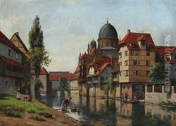The Jewish Synagogue In Nurnberg, Seen From The Island Schutt Oil Painting - August Fischer