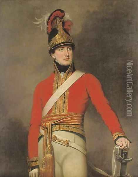 Portrait of an officer of the 1st King's Dragoon Guards, three-quarter-length, wearing the regiment's Waterloo helmet Oil Painting - George Dawe