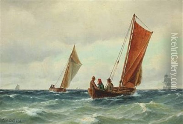 Seascape With Persons In Sailboats Oil Painting - Carl Ludwig Bille