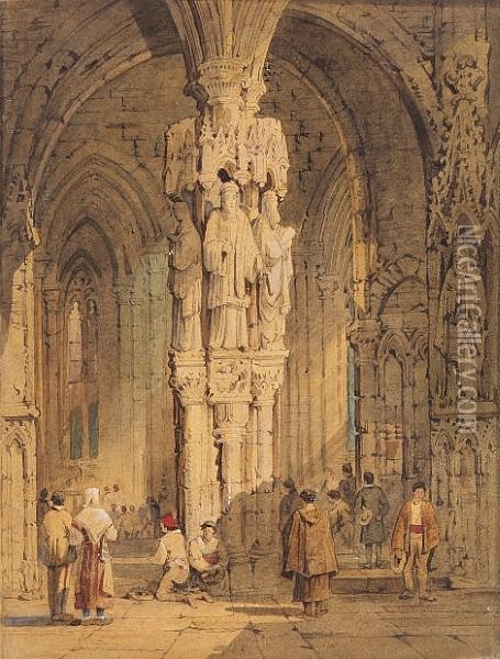 Figures In A Church Interior. Oil Painting - Samuel Prout