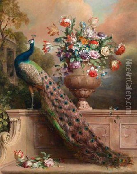 Umkreis Einpfau Und Ein 
Blumenstraus In Einer Vase Auf Einer Steinbank Ineinem Schlosspark Oil Painting - Alexandre-Francois Desportes