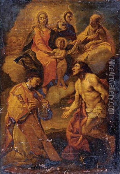 Saints Stephen And Sebastian With The Madonna And Child Above Oil Painting - Carlo Maratta or Maratti