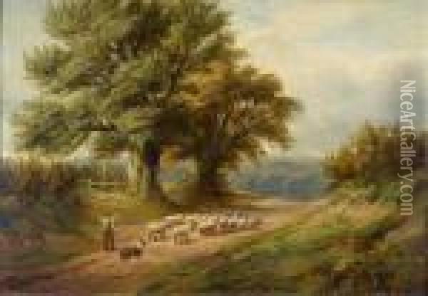 Shepherd With Dog And Sheep On A Cart Track Oil Painting - George Turner