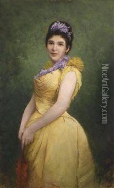 Lady In Yellow Dress With Lilac In Her Hair Oil Painting - Adolf Echtler