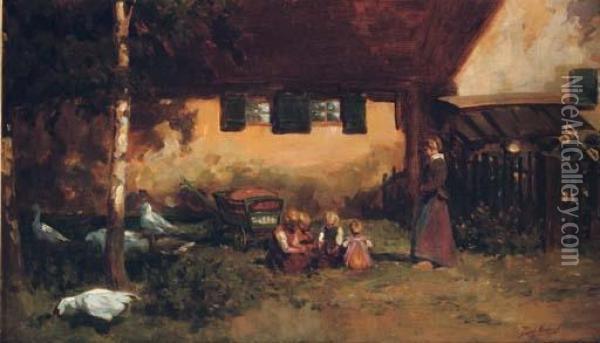 Playing By The Farm Oil Painting - Joseph Hendrikus Neuhuys