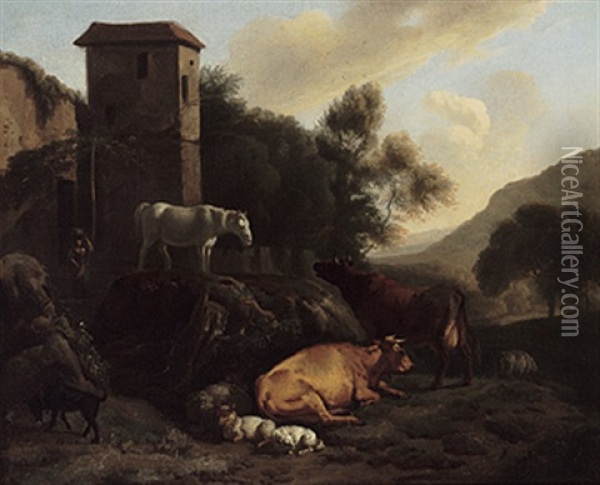 Italienische Landschaft Mit Kuh- Und Schafherde Oil Painting - Dirk van Bergen