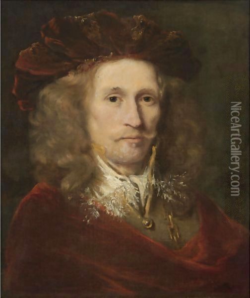 Portrait Of A Gentleman, Head And Shoulders, Wearing A Red Embroidered Cap, A Brown Doublet And A Red Cloak Oil Painting - Ferdinand Bol