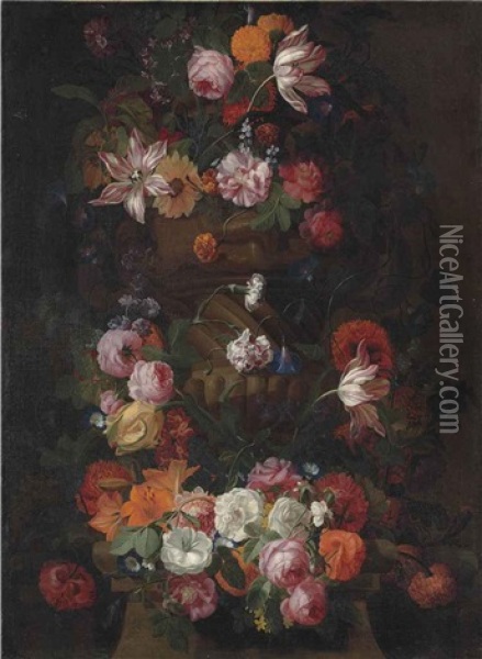 Parrot Tulips, Roses, A Sunflower And Other Flowers In A Sculpted Urn, With A Garland Of Roses, Lilies, Morning Glory And Other Flowers Around A Column Oil Painting - Simon Hardime