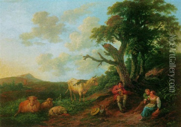 A Pastoral Scene With Sheep, Cows And Peasants Resting In The Foreground Oil Painting - Christian Wilhelm Ernst Dietrich
