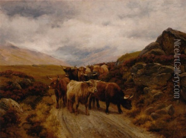 Highland Cattle On A Mountain Track Oil Painting - Wright Barker