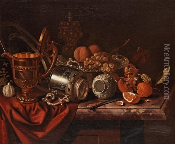 Still Life With Fruits, A Knife And Trophies Oil Painting - Pieter Gerritsz van Roestraten