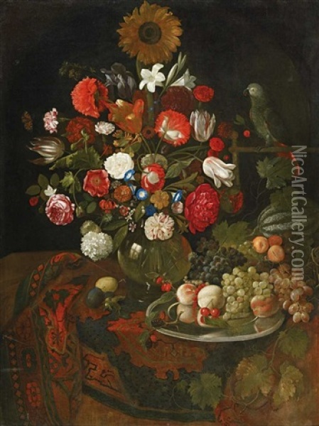 Stillleben Mit Blumen, Fruchten Und Papagei Oil Painting - Jakobus Rootius